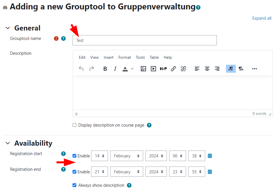 The grouptool gets a name and the availability is being set.