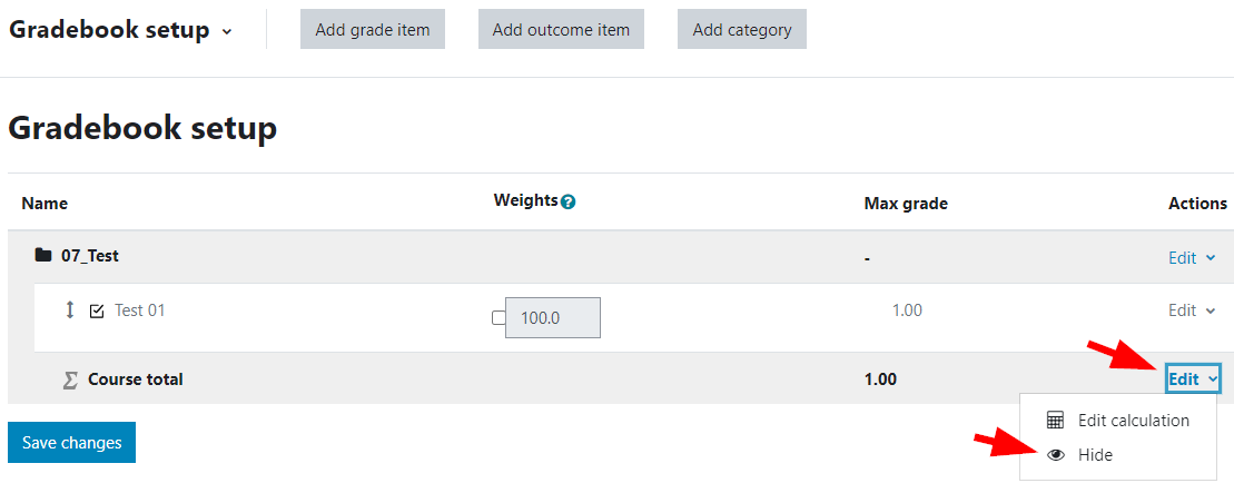 In the Gradebook setup, the Total for course is set to Hide.